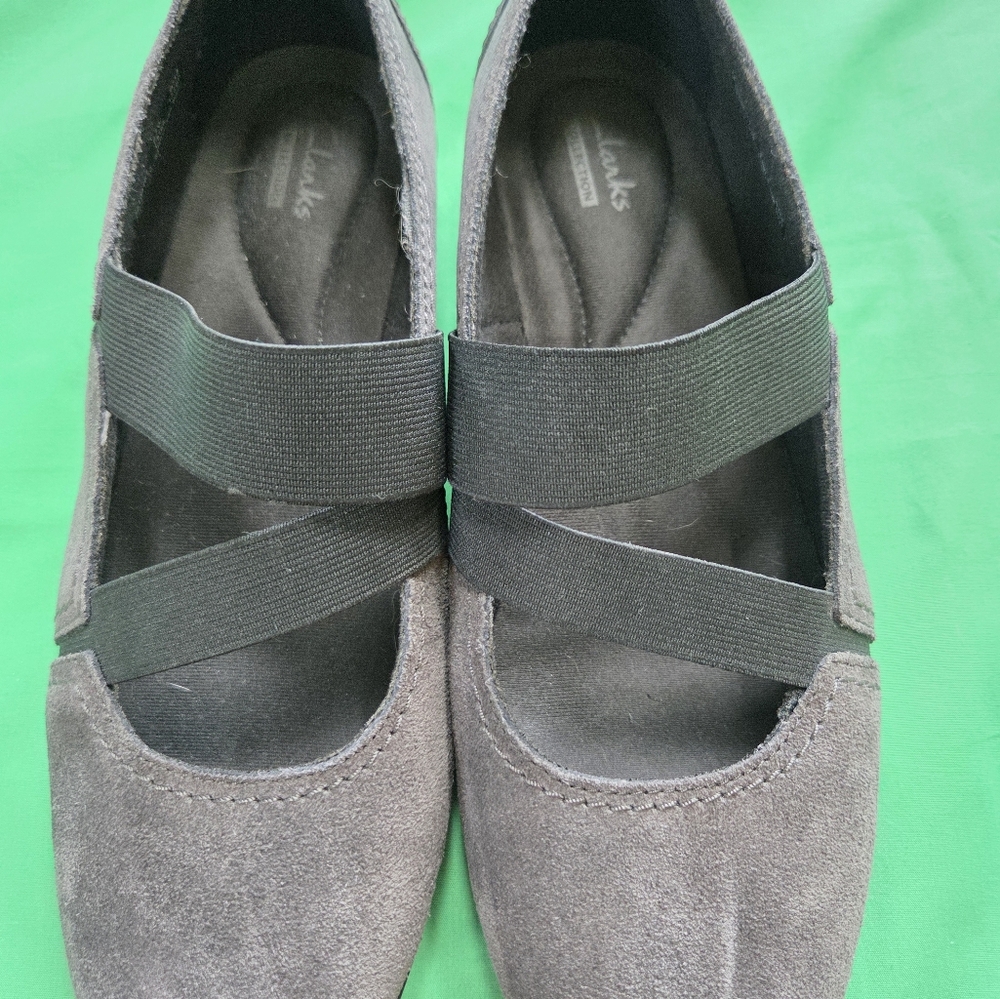 Clarks Gray Suede Flats with Black Straps